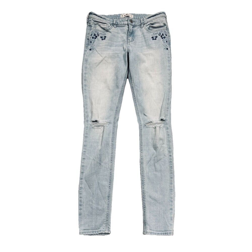 Hollister Skinny Embroidered Jeans 5 (28x30) Blue Low Waist Distress Juniors